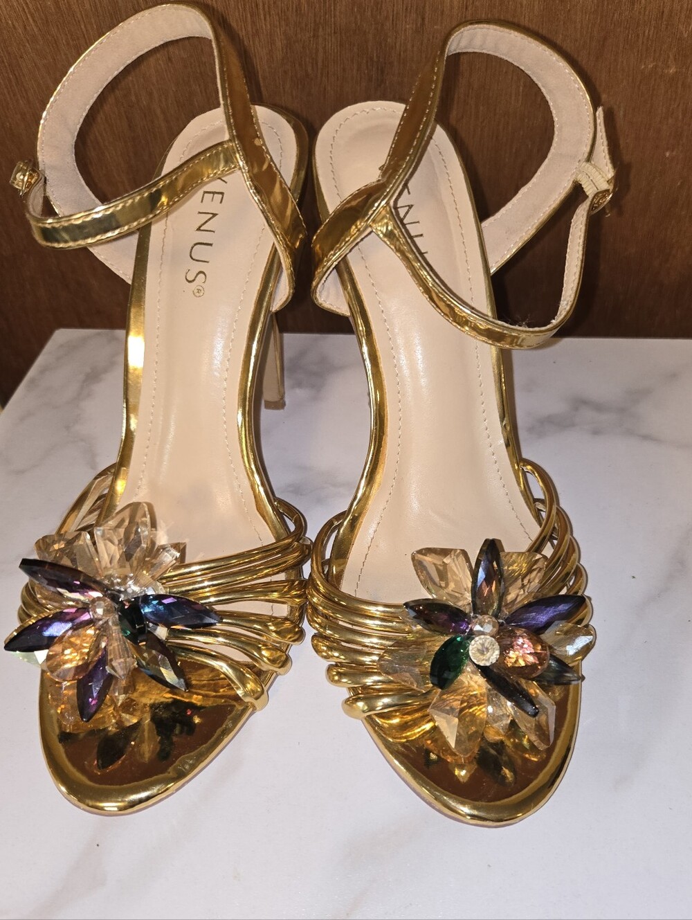 VENUS Gold Heeled Sandals with Multicolor Crystal Flower